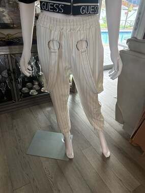 Fashion Nova Chain Reaction Pinstripe Suspender Jogger Pants in Ivory/Black